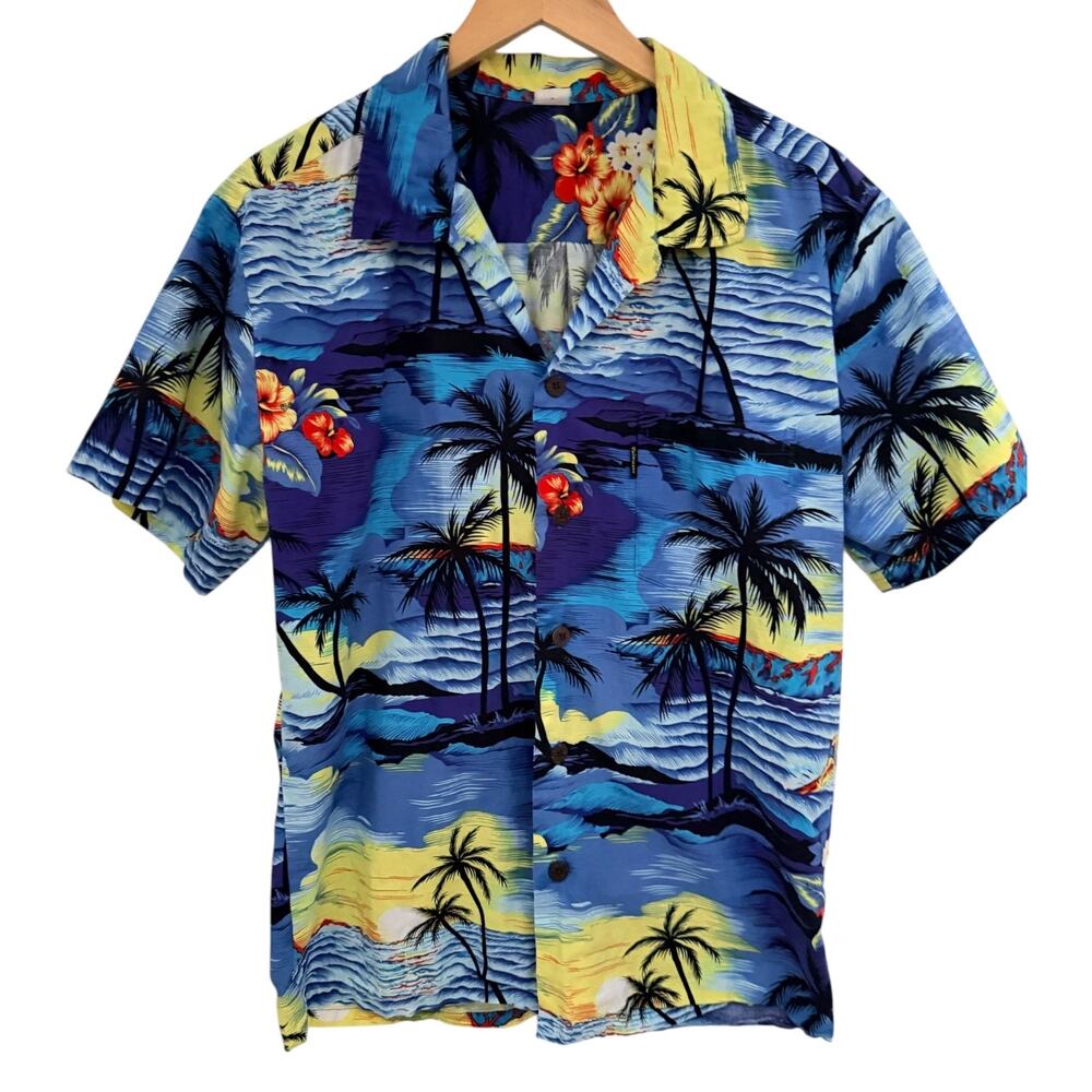 Palmwave Hawaiian Shirt Mens XL Blue Tropical Aloha Beach Button Up